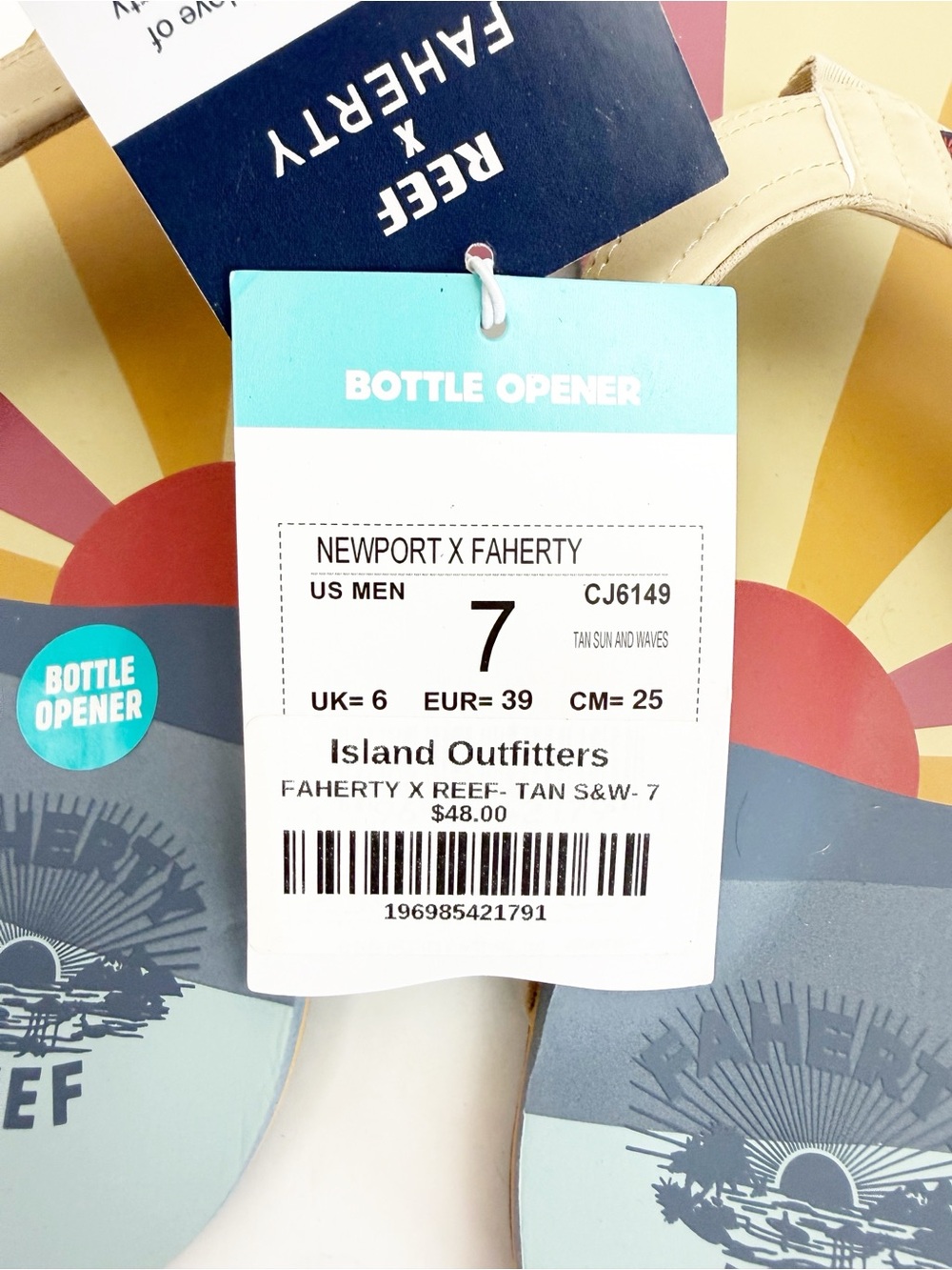 Faherty X Reef Sun And Waves Eva Unisex Flip Flops Bottle Opener Tan Newport - Picture 10 of 13